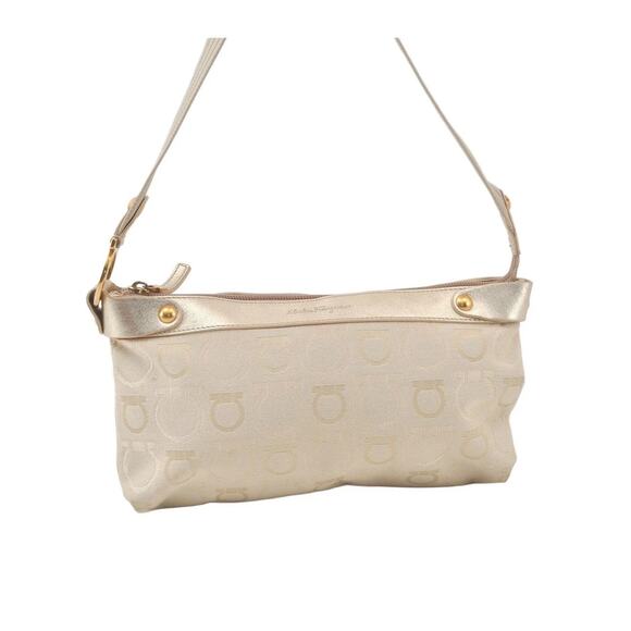 Authentic Salvatore Ferragamo Gancini Design Cream Canvas Leather Shoulder Bag - Picture 1 of 17